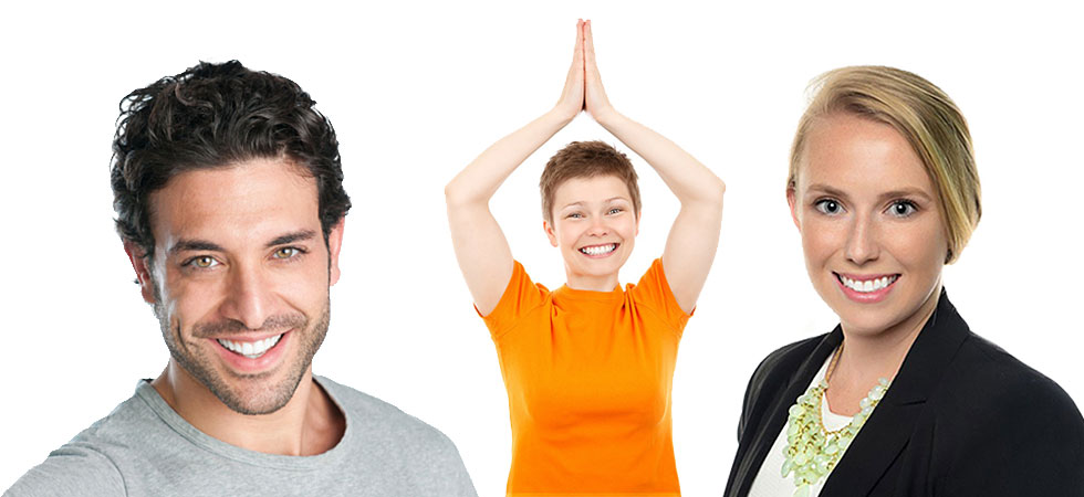 three adults smiling with perfect teeth, one man and two women